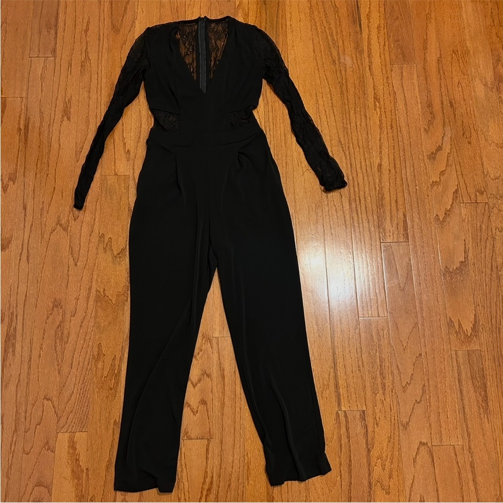 Black Lace Long Sleeve V-Neck Jumpsuit – Elegant Wide Leg Evening Romper Size M - Picture 2 of 4